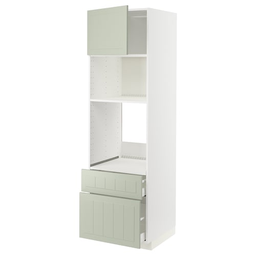 Meuble de cuisine METOD en blanc et vert. Étagères et tiroirs avec mécanisme de fermeture en douceur.
