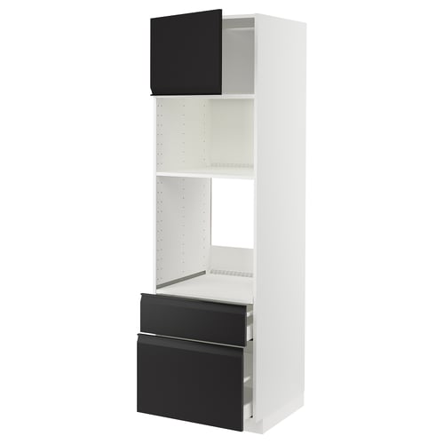 Un meuble de cuisine METOD blanc avec des tiroirs et des portes upplöv noirs. Il a une étagère ouverte et un design moderne et épuré avec des poignées intégrées.