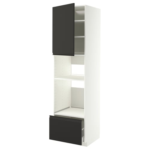 Un meuble de cuisine METOD blanc avec des portes, une étagère et un tiroir noirs. Design moderne avec poignées intégrées.