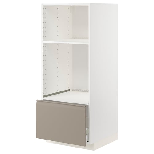Unité de cuisine METOD : armoire rectangulaire blanche avec étagères réglables, tiroir accessible et porte beige.
