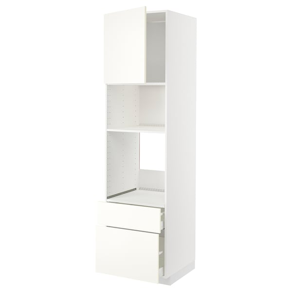 Unité de cuisine METOD blanche, design élégant, haute avec des étagères, des tiroirs et des façades de tiroirs modernes.