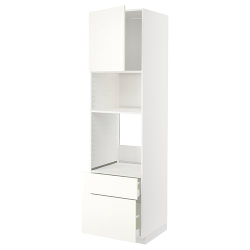 Unité de cuisine METOD blanche, design élégant, haute avec des étagères, des tiroirs et des façades de tiroirs modernes.