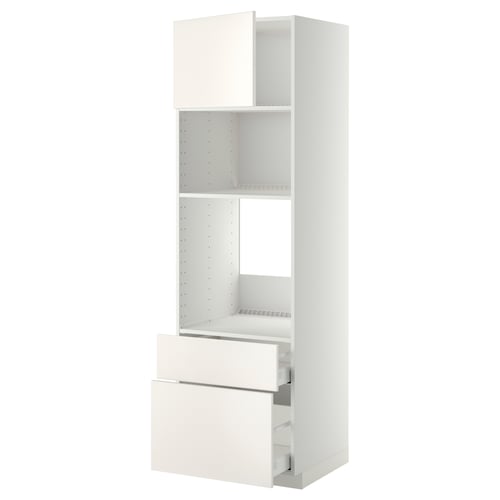 Unité de cuisine METOD blanche : armoire haute avec étagère, deux tiroirs, design minimaliste moderne.