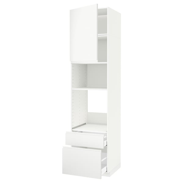 Cette image montre un meuble de cuisine METOD blanc avec des étagères et des tiroirs pour le rangement. Il s’agit d’un design minimaliste avec des poignées intégrées.