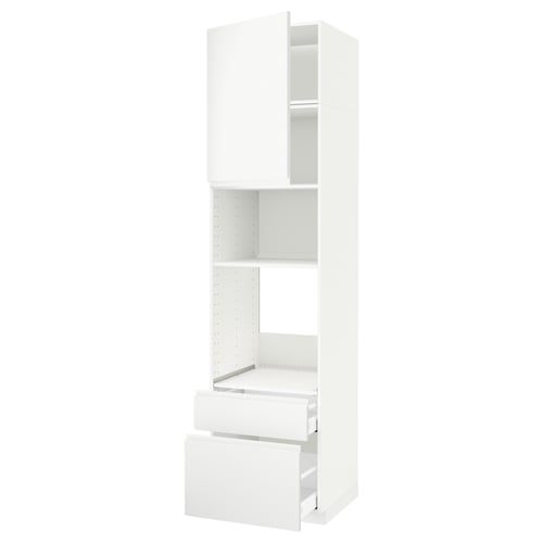 Cette image montre un meuble de cuisine METOD blanc avec des étagères et des tiroirs pour le rangement. Il s’agit d’un design minimaliste avec des poignées intégrées.