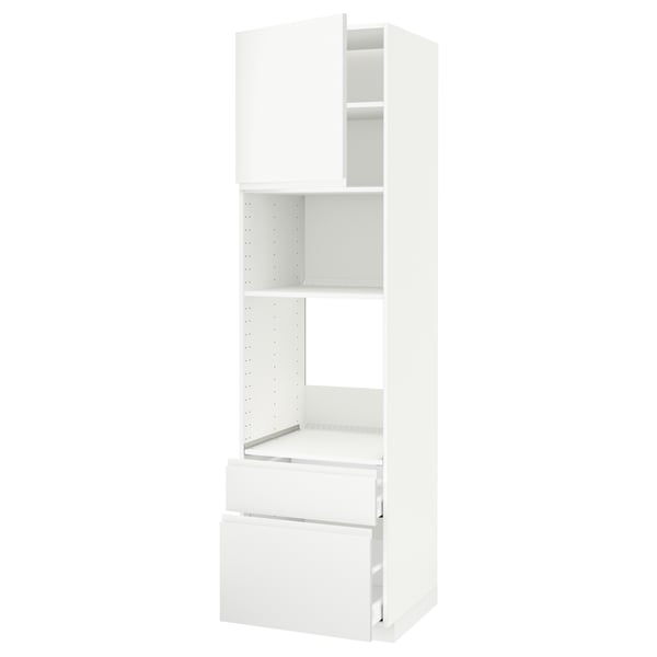 Unité de cuisine METOD blanche avec étagères et tiroirs, design minimaliste moderne.