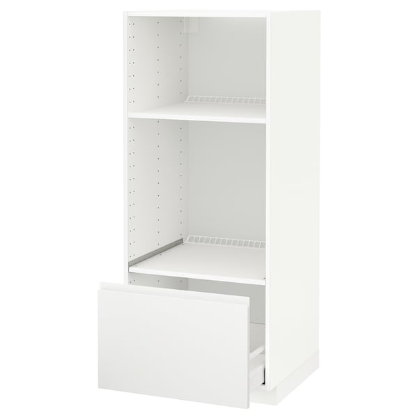 Un meuble de cuisine METOD blanc avec un seul tiroir visible et deux étagères.