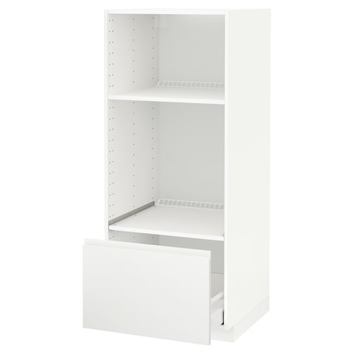 Un meuble de cuisine METOD blanc avec un seul tiroir visible et deux étagères.