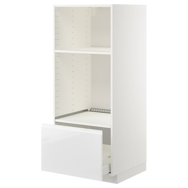 Armoire haute Ikea METOD blanche, design moderne, avec tiroir et étagère ventilée.