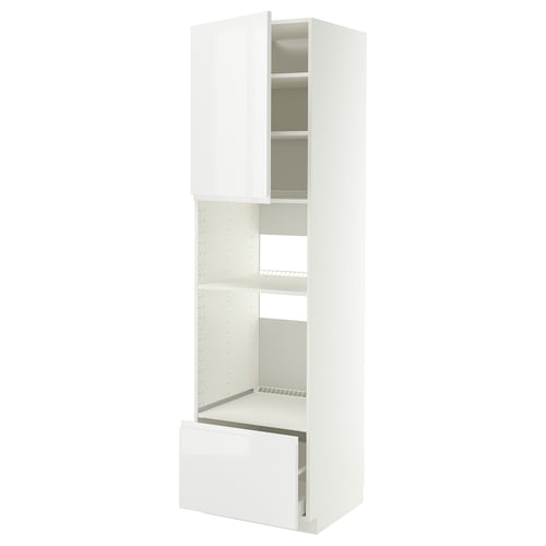 Armoire de cuisine METOD blanche à haute brillance avec tiroir et étagères.