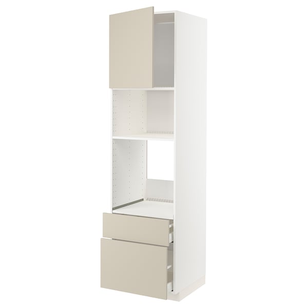 Armoire de cuisine blanche avec tiroirs et portes beiges, design moderne, surfaces lisses.