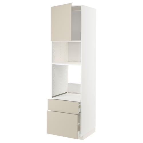 Armoire de cuisine blanche avec tiroirs et portes beiges, design moderne, surfaces lisses.