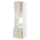 Armoire de cuisine blanche avec tiroirs et portes beiges, design moderne, surfaces lisses.