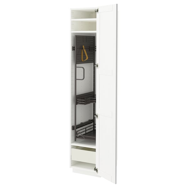 Armoire de cuisine ouverte blanche METOD avec étagères et tiroirs. Compartiments de rangement encastrés et étagères réglables.
