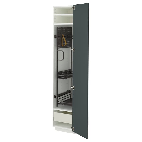 Une armoire de cuisine METOD ouverte gris-vert avec des étagères et des tiroirs.
