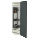 Armoire ouverte, gris-vert, étagères en métal, cloisons réglables, tiroirs à fermeture douce.
