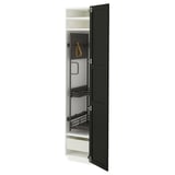 Armoire de cuisine METOD noire avec bords biseautés, ouverte pour l’affichage du rangement.
