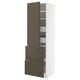 Armoire de cuisine moderne, blanche avec tiroirs et étagères marron. Haut, rectangulaire avec étagères réglables.