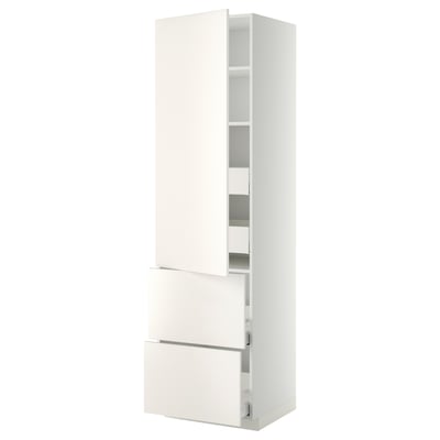 Une armoire de cuisine METOD blanche d’ikea. Il a des lignes élégantes et lisses avec deux tiroirs et trois étagères, conçu pour un grand rangement.