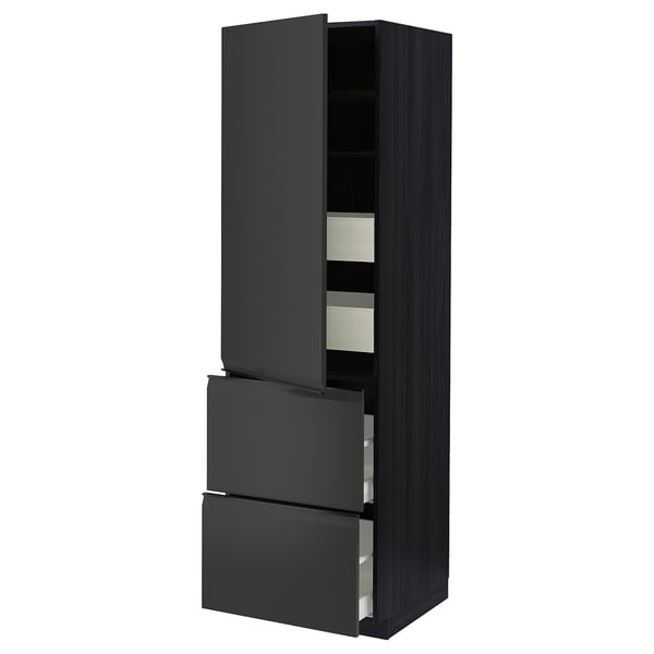 Armoire de cuisine METOD noire moderne avec tiroirs lisses, finition mate et charnières à fermeture douce.