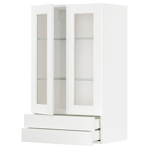 Une armoire de cuisine METOD blanche avec des portes en verre, avec des étagères, des tiroirs et un design lisse.