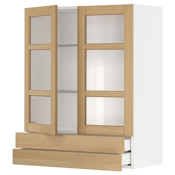 Unité de cuisine moderne, bois blanc et clair, portes vitrées, 3 étagères, 2 tiroirs.