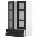 Armoire de cuisine teintée noire avec portes en verre et deux tiroirs. Style traditionnel moderne, cadre en bois de frêne robuste.