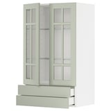 Meuble de cuisine METOD en vert avec portes, armoires et tiroirs en verre, fond blanc.