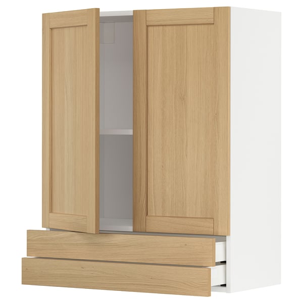 Armoire en bois clair avec deux portes et deux tiroirs, design classique.
