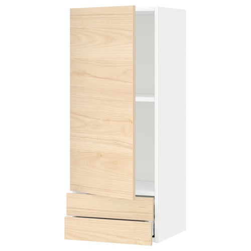 Unité de cuisine blanche élégante avec porte et tiroir en bois de frêne clair ; Rectangulaire haut avec tiroir à fermeture douce.