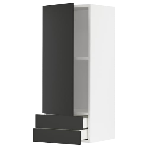Un meuble de cuisine METOD avec une finition nickebo gris foncé, composé d’un meuble haut avec une porte et deux tiroirs.