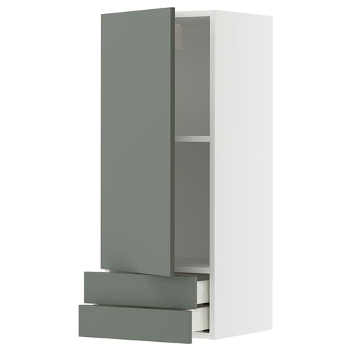 Armoire de cuisine moderne gris-vert avec deux tiroirs et une étagère.