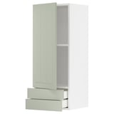 Meuble de cuisine METOD en vert avec tiroir et étagère. Grand et mince, fond blanc. Design minimaliste moderne.