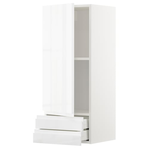 Armoire murale METOD. Design blanc, moderne et brillant. Comprend des étagères et des tiroirs, un support de porte droit ou gauche.
