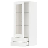 Armoire de cuisine blanche moderne avec portes en verre, avec tiroirs et étagère.