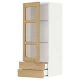 Armoire de cuisine blanche moderne avec tiroirs en chêne et étagère en verre, avec porte amovible.
