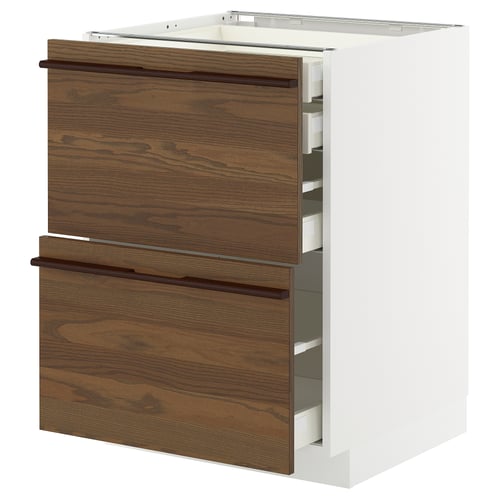 Meuble de cuisine en bois blanc et marron avec 3 tiroirs et 2 petits tiroirs.