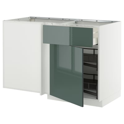 Unité de cuisine moderne avec portes gris verdâtre brillantes et étagère coulissante.