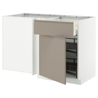 Unité de cuisine moderne avec des portes beige-gris, des poignées en métal et une étagère coulissante.