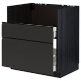 Armoire de cuisine noire moderne avec des poignées et des tiroirs élégants.