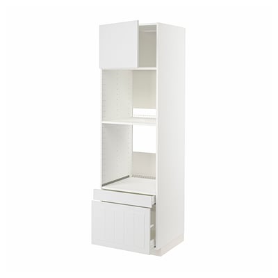 Meuble de cuisine Ikea METOD : blanc, vertical, rangement en trois parties avec étagères ouvertes, tiroir et étagères réglables.