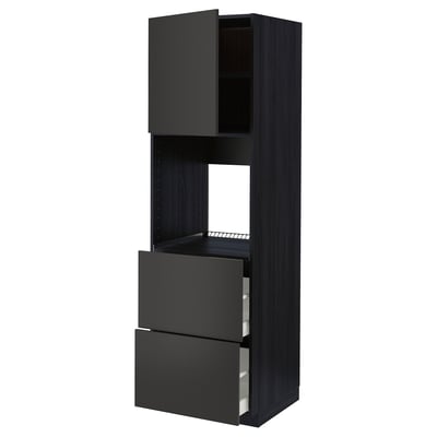 Armoire de cuisine noire, design moderne avec tiroirs et étagères, en panneaux de particules et en métal.