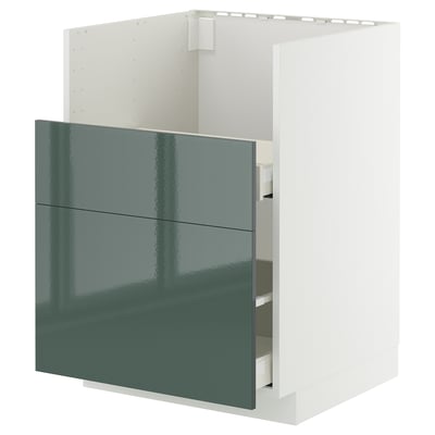 Meuble de cuisine METOD, vert-gris brillant, cadre blanc, 3 tiroirs, design moderne.