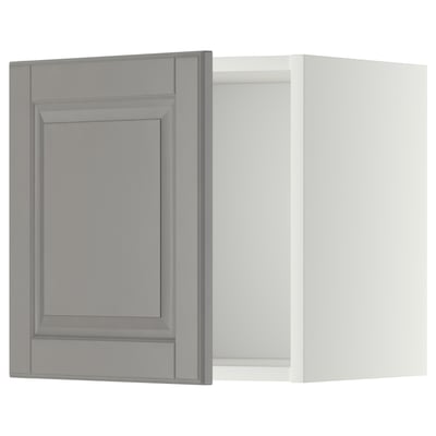Armoire de cuisine moderne grise avec porte biseautée.