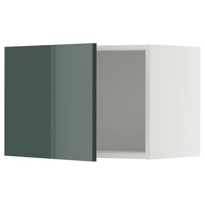 Meuble de cuisine METOD avec portes gris verdâtre brillant, forme rectangulaire, design moderne.