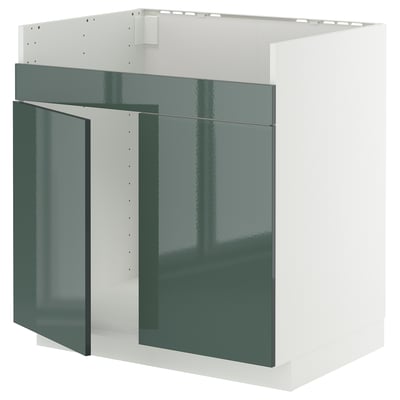 Un meuble de cuisine METOD en gris-vert brillant au design moderne.