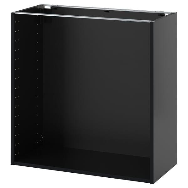 Armoire de cuisine METOD noire, de forme carrée, de couleur brun foncé, surface en mélamine, trous pré-percés pour étagère réglable.
