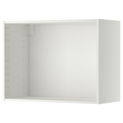 Une armoire murale METOD blanche d’ikea. Il est de forme carrée, fait de panneaux de particules avec une finition mélaminée, et a un panneau arrière perforé pour la ventilation.