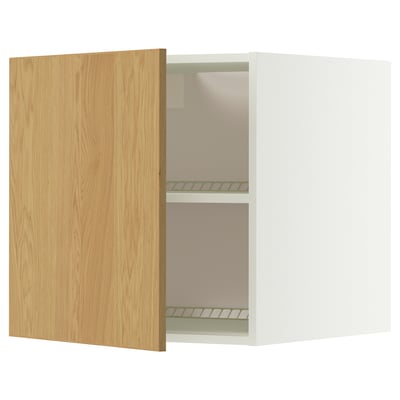 Armoire blanche ouverte avec porte en bois, deux étagères, forme carrée.