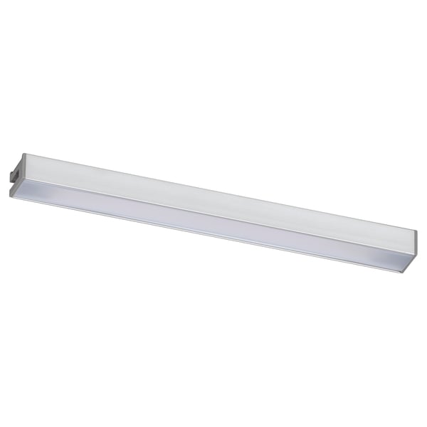 Cette image montre un luminaire de cuisine rectangulaire argenté MITTLED. Son style épuré et minimaliste, fabriqué en aluminium anodisé.